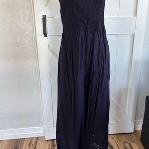 Chic Blue Wide Leg Jumpsuit with Smocked Bodice